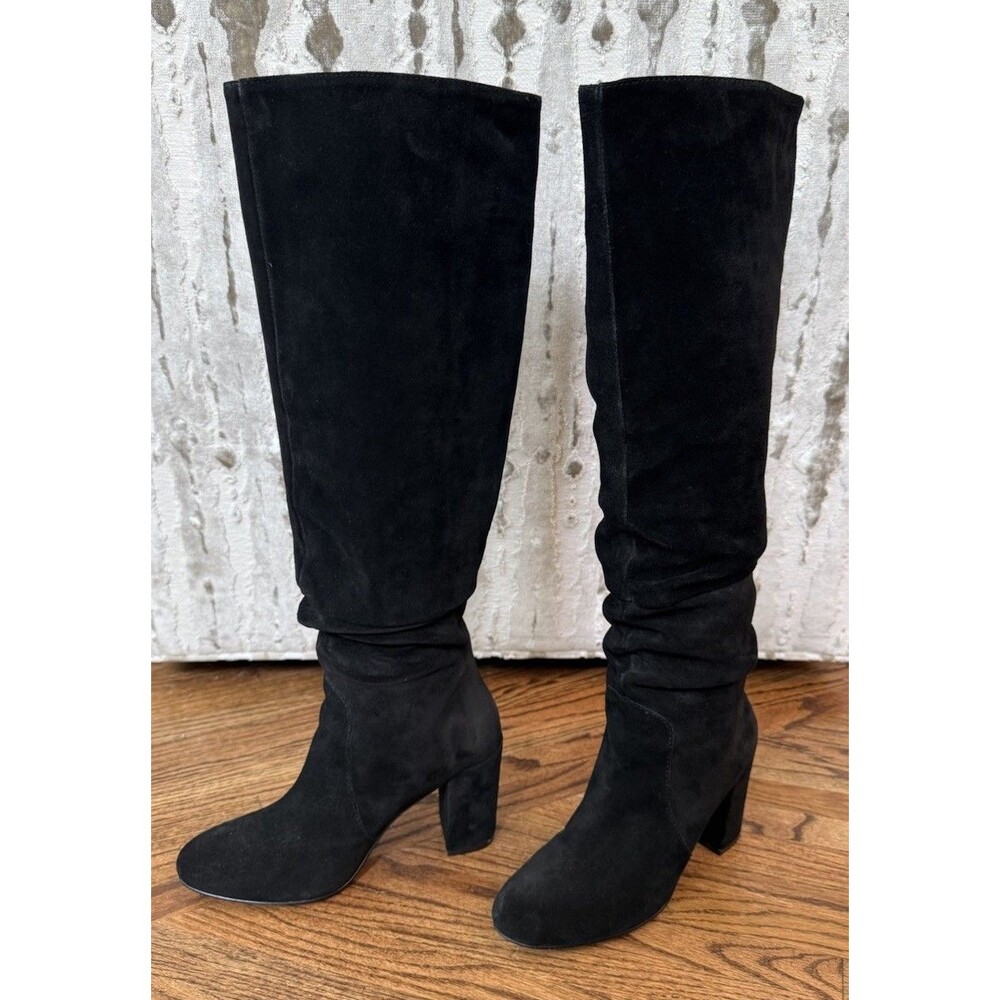 Sagan Black Suede Knee High Block Heel Boots Semi - Rounded Toe Women's 7.5